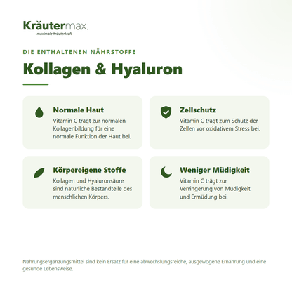 Kollagen Hyaluron Kapseln – mit Vitamin C für normale Haut, Zellschutz und weniger Müdigkeit, plus Kollagen und Hyaluronsäure | Kräutermax
