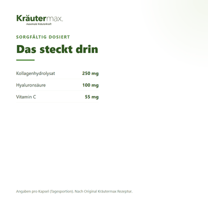 Kollagen Hyaluron Kapseln – 250 mg Kollagenhydrolysat, 100 mg Hyaluronsäure und 55 mg Vitamin C pro Kapsel | Kräutermax