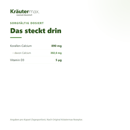 Korallen Calcium mit Vitamin D3 – 890 mg Korallen-Calcium (302,6 mg Calcium) und 5 µg Vitamin D3 pro Kapsel | Kräutermax