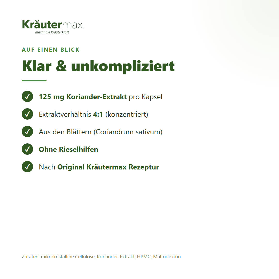 Koriander Kapseln – 125 mg Koriander-Extrakt (4:1) aus den Blättern pro Kapsel, ohne Rieselhilfen | Kräutermax