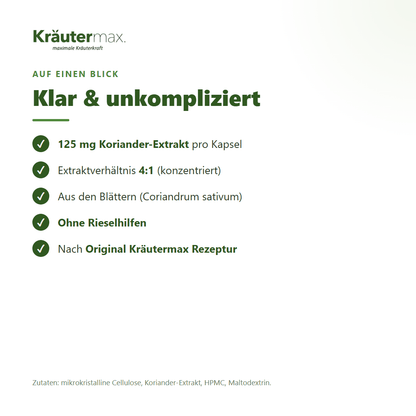 Koriander Kapseln – 125 mg Koriander-Extrakt (4:1) aus den Blättern pro Kapsel, ohne Rieselhilfen | Kräutermax