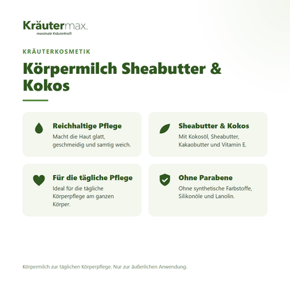 Körpermilch Sheabutter & Kokos von Kräutermax – Überblick: reichhaltige Pflege für glatte, geschmeidige Haut, 250 ml
