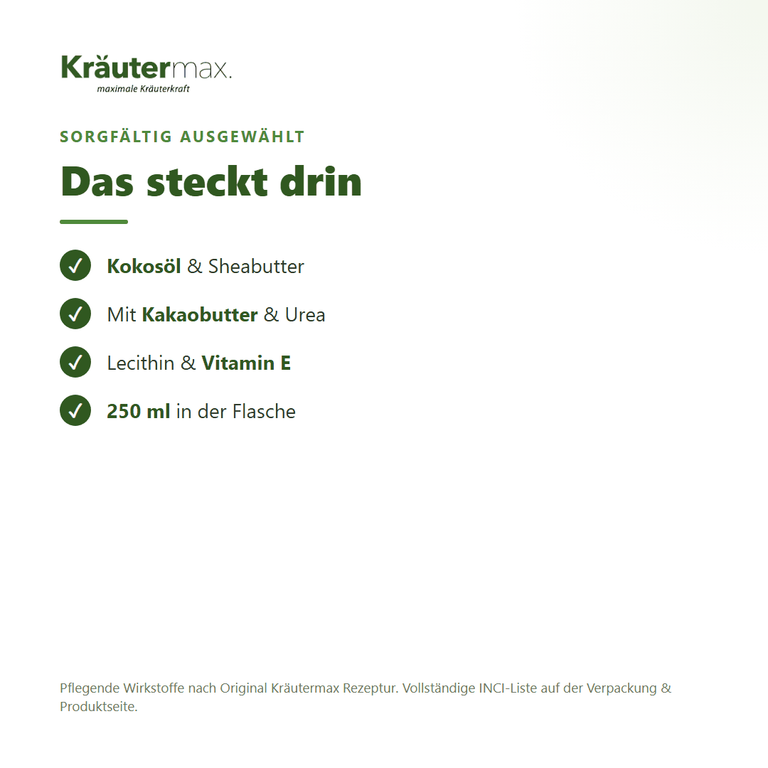 Körpermilch Sheabutter & Kokos – Inhaltsstoffe: Kokosöl, Sheabutter, Kakaobutter, Urea, Vitamin E, 250 ml Flasche