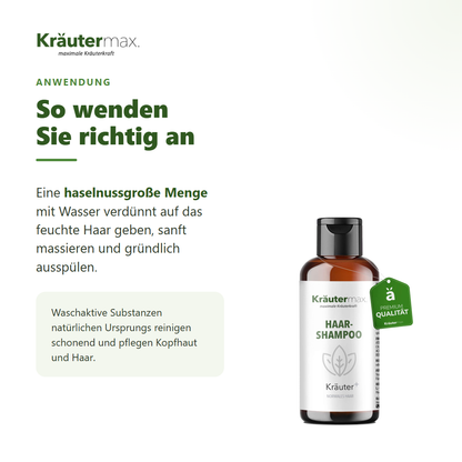 Kräuter Shampoo – Anwendung: haselnussgroße Menge auf feuchtes Haar, massieren, ausspülen