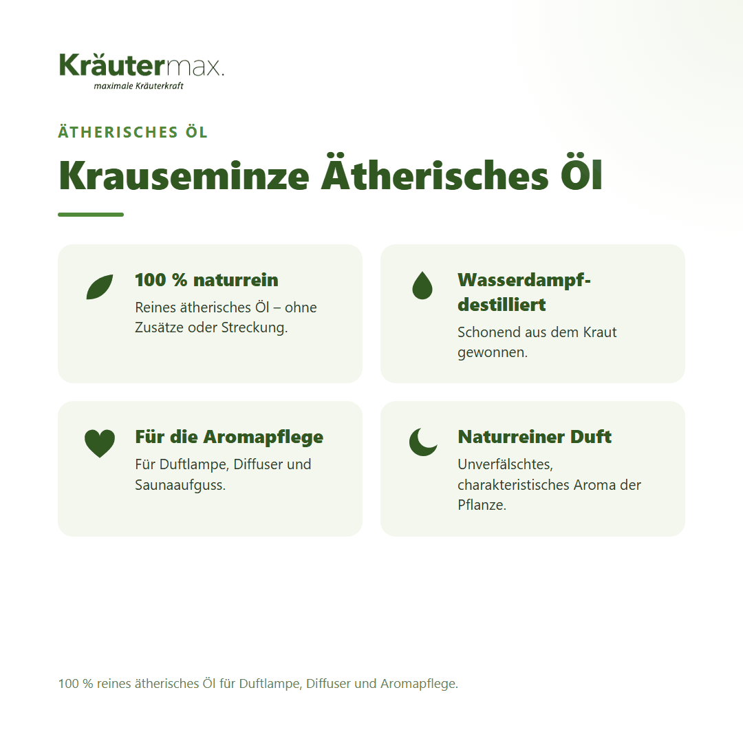 Krauseminze Ätherisches Öl von Kräutermax – Überblick: 100 % reines ätherisches Öl für die Aromapflege