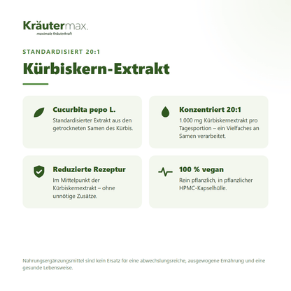 Kürbiskern Extrakt 1000 mg Kapseln – standardisierter 20:1 Extrakt aus Cucurbita pepo L., vegan | Kräutermax