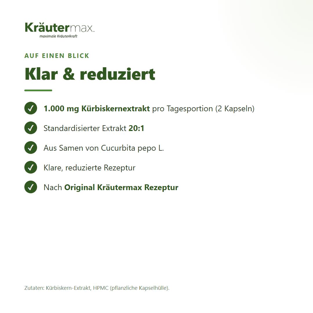 Kürbiskern Extrakt Kapseln – 1.000 mg Kürbiskernextrakt (20:1) pro Tagesportion, reduzierte Rezeptur | Kräutermax