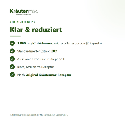 Kürbiskern Extrakt Kapseln – 1.000 mg Kürbiskernextrakt (20:1) pro Tagesportion, reduzierte Rezeptur | Kräutermax
