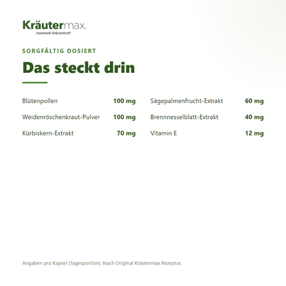 Kürbiskern plus – Inhaltsstoffe pro Kapsel: Blütenpollen, Weidenröschen, Kürbiskern, Sägepalme, Brennnessel, Vitamin E