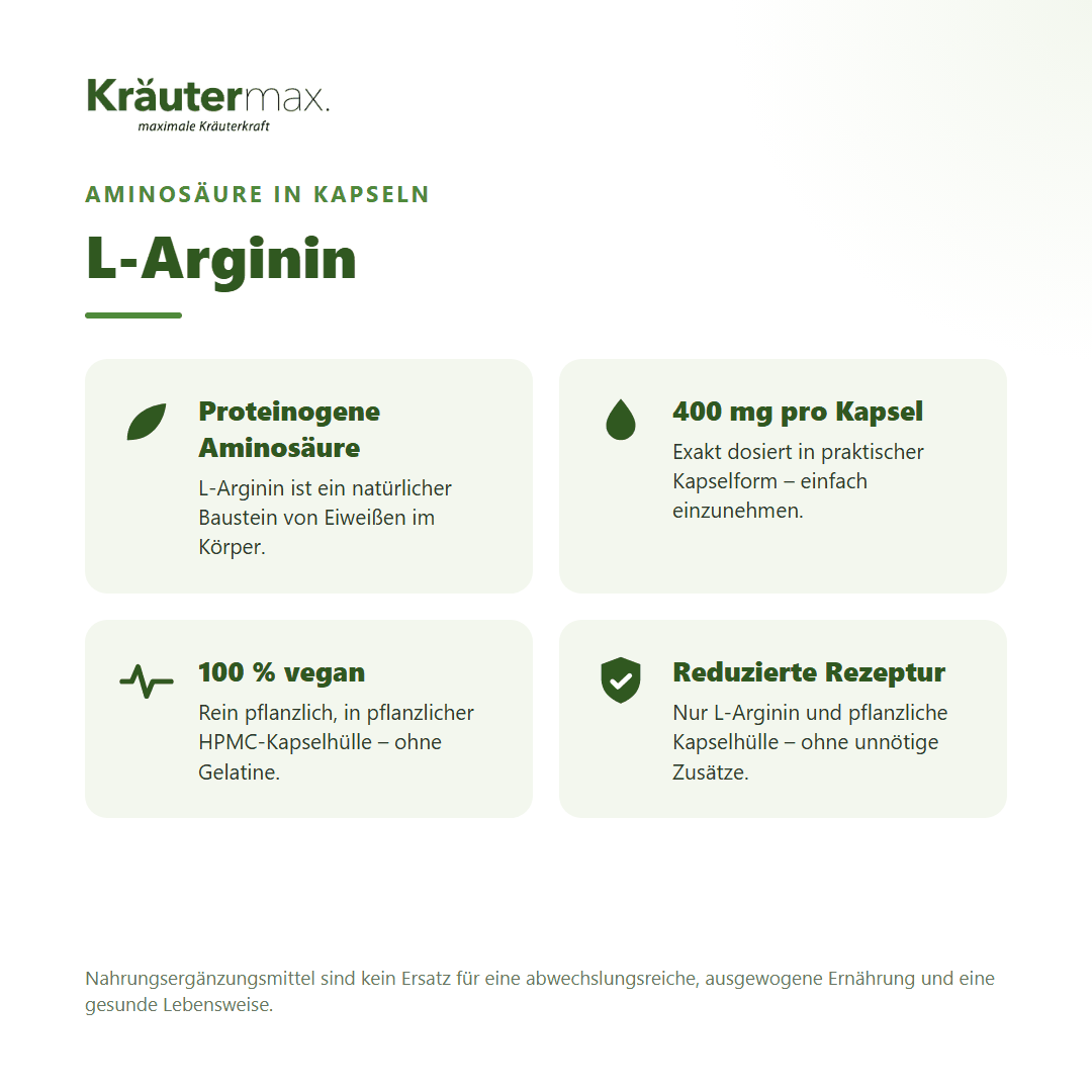 L-Arginin Kapseln von Kräutermax – 400 mg L-Arginin pro Kapsel, vegan, proteinogene Aminosäure