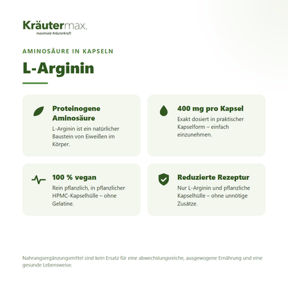 L-Arginin Kapseln von Kräutermax – 400 mg L-Arginin pro Kapsel, vegan, proteinogene Aminosäure