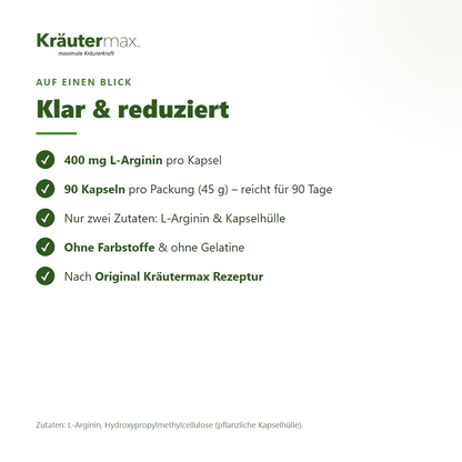 L-Arginin Kapseln – Zusammensetzung: 400 mg L-Arginin pro Kapsel, 90 Kapseln, ohne Farbstoffe
