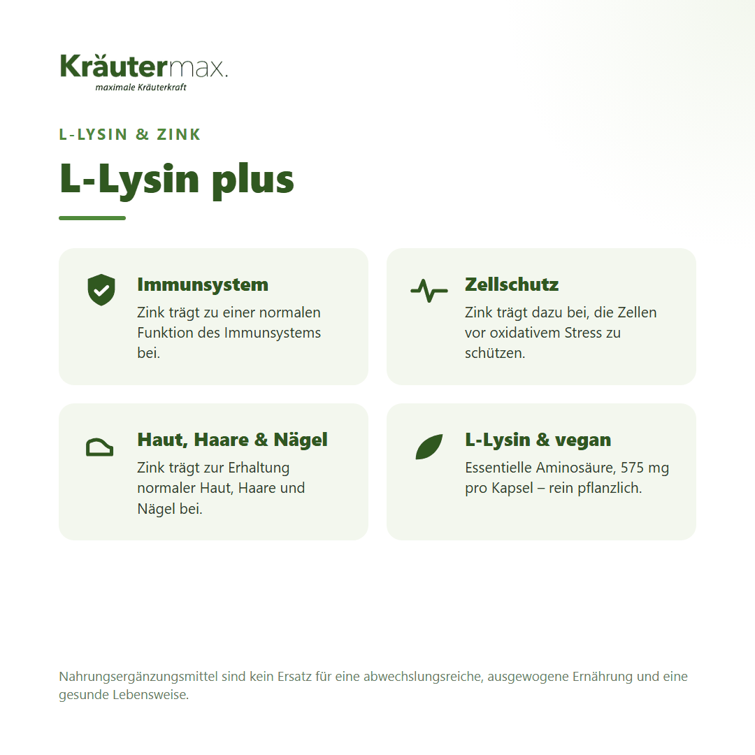 L-Lysin plus Kapseln von Kräutermax – mit Zink für Immunsystem, Zellschutz sowie Haut, Haare und Nägel