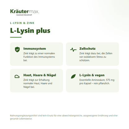 L-Lysin plus Kapseln von Kräutermax – mit Zink für Immunsystem, Zellschutz sowie Haut, Haare und Nägel