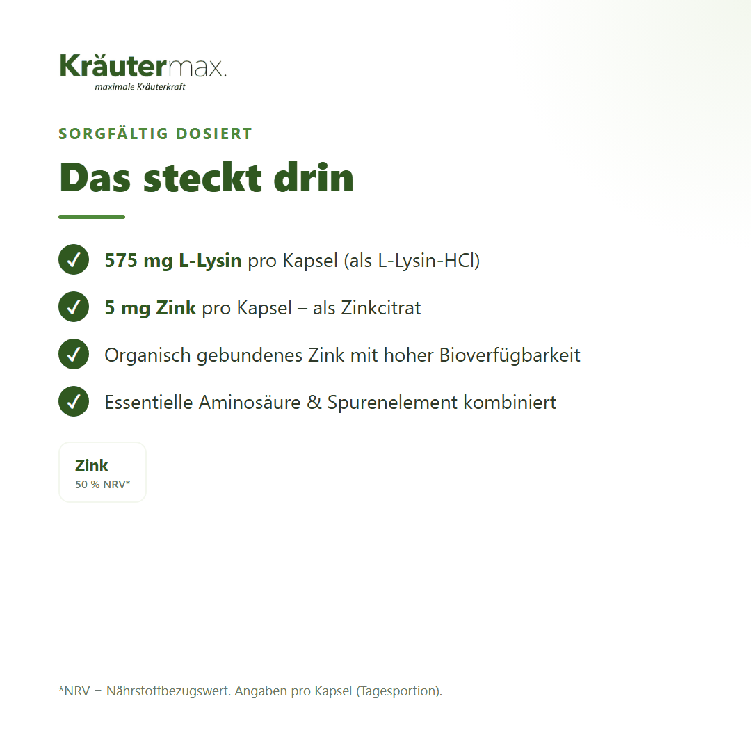 L-Lysin plus – 575 mg L-Lysin und 5 mg Zink pro Kapsel, Zink 50 Prozent NRV
