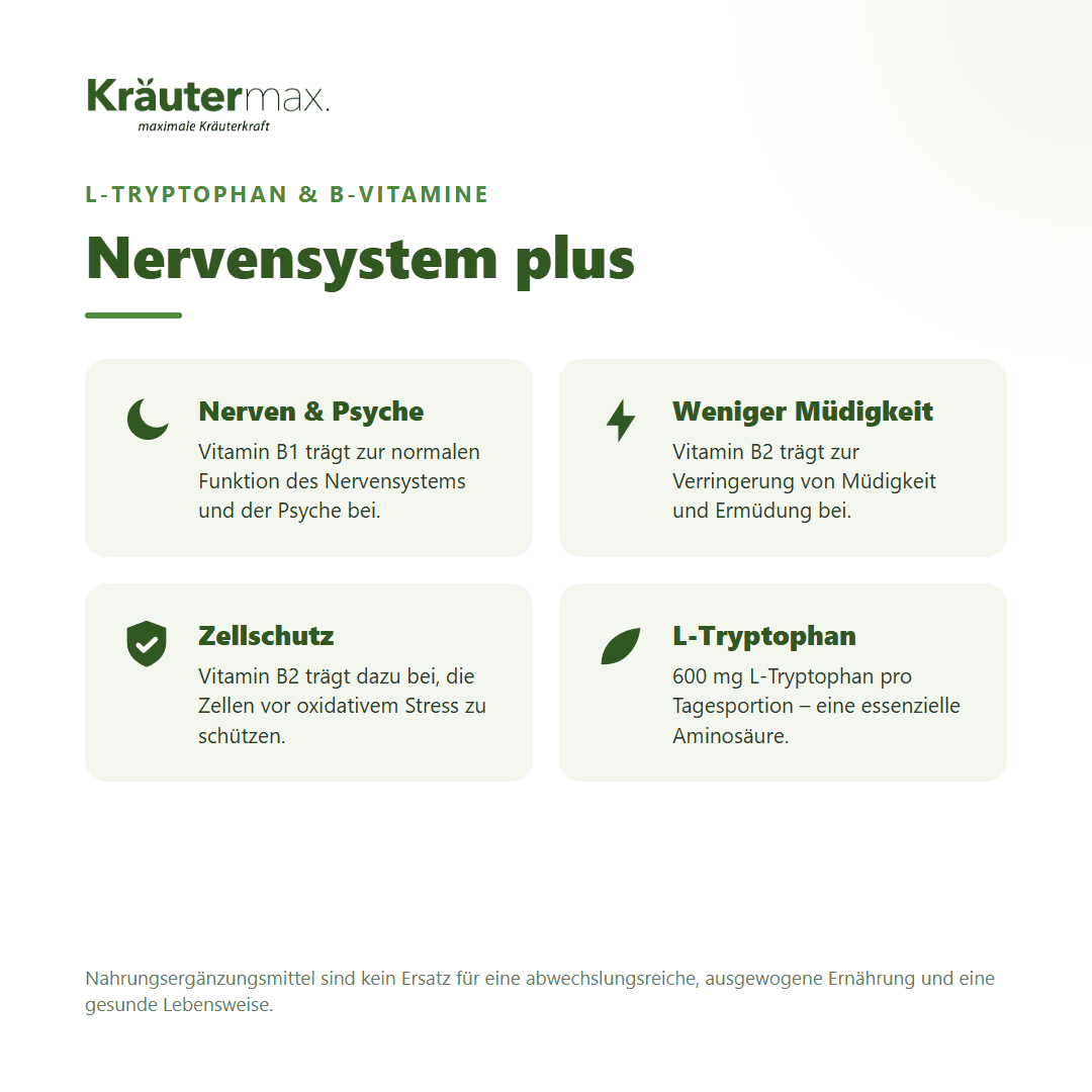 Nervensystem plus Kapseln von Kräutermax – mit L-Tryptophan und B-Vitaminen für Nerven, Psyche und weniger Müdigkeit, vegan