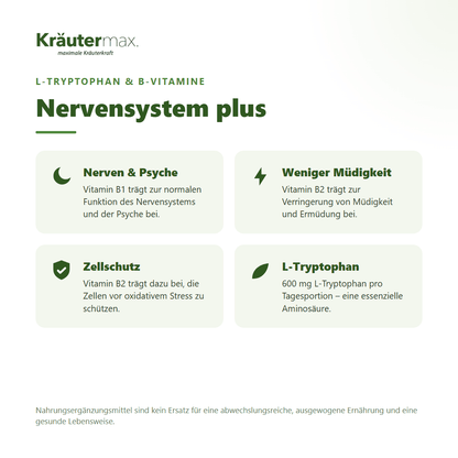 Nervensystem plus Kapseln von Kräutermax – mit L-Tryptophan und B-Vitaminen für Nerven, Psyche und weniger Müdigkeit, vegan