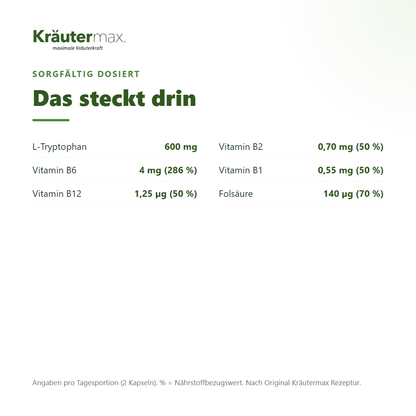 Nervensystem plus – pro Tagesportion: 600 mg L-Tryptophan, Vitamin B6, B12, B2, B1 und Folsäure mit NRV