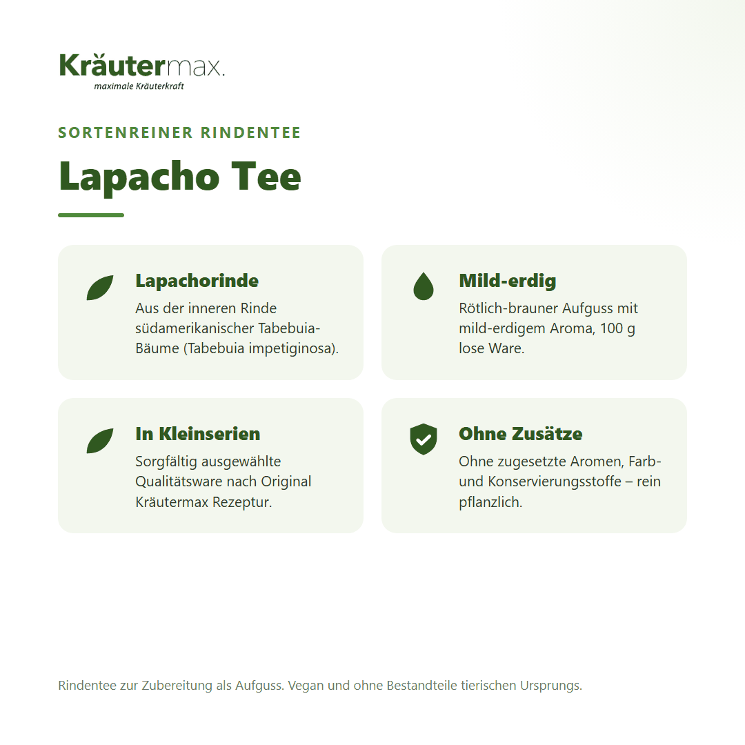 Lapacho Tee von Kräutermax – sortenreiner Rindentee aus geschnittener Lapachorinde (Tabebuia impetiginosa), 100 g
