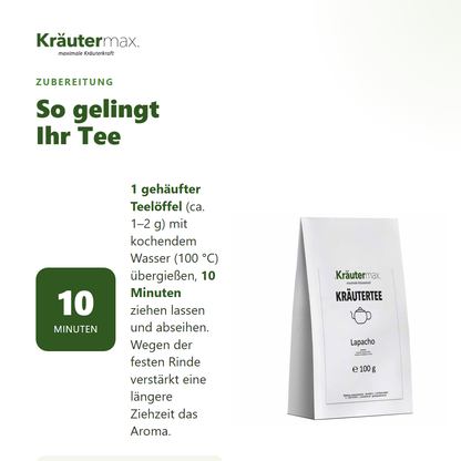 Zubereitung des Lapacho Tees: 1 gehäufter Teelöffel mit kochendem Wasser übergießen, mindestens 10 Minuten ziehen lassen und abseihen