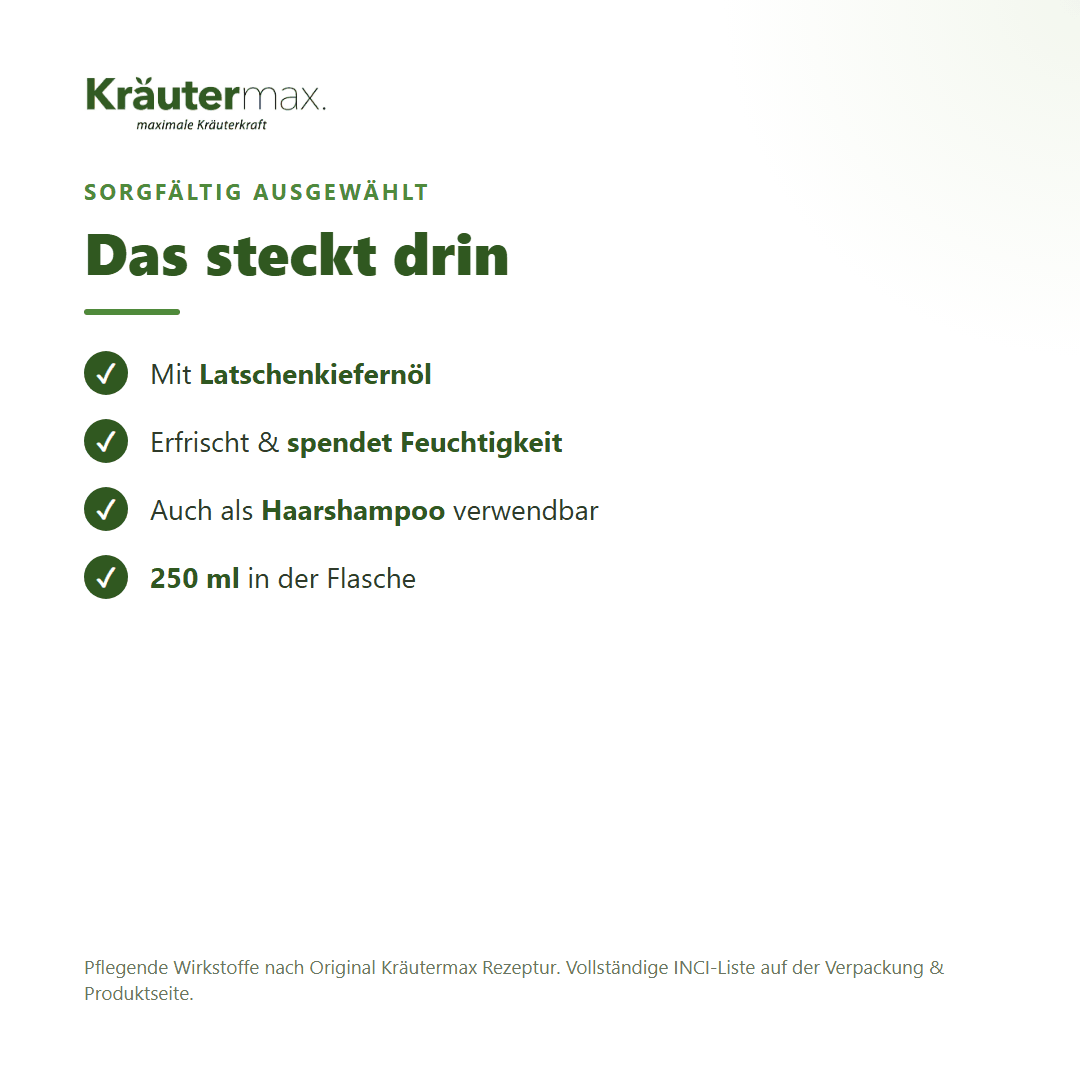 Latschenkiefer Duschgel – Inhaltsstoffe: Latschenkiefernöl, 250 ml Flasche, auch als Haarshampoo