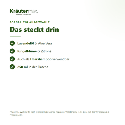 Lavendel Duschgel – Inhaltsstoffe: Lavendelöl, Aloe Vera, Ringelblume, Zitrone, 250 ml Flasche