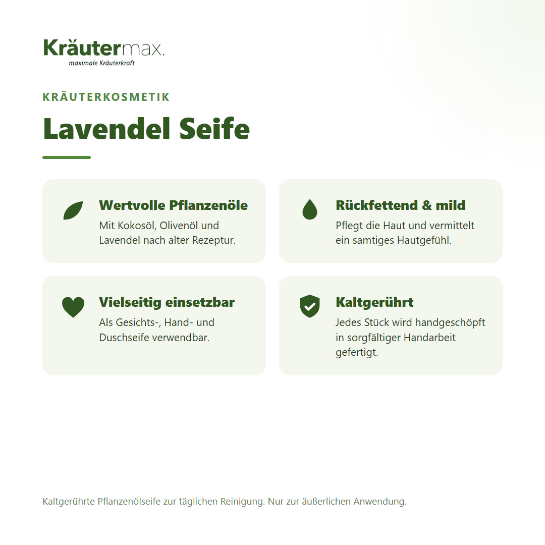 Lavendel Seife von Kräutermax – Überblick: kaltgerührte Pflanzenölseife mit Kokos-, Olivenöl und Lavendel, 100 g