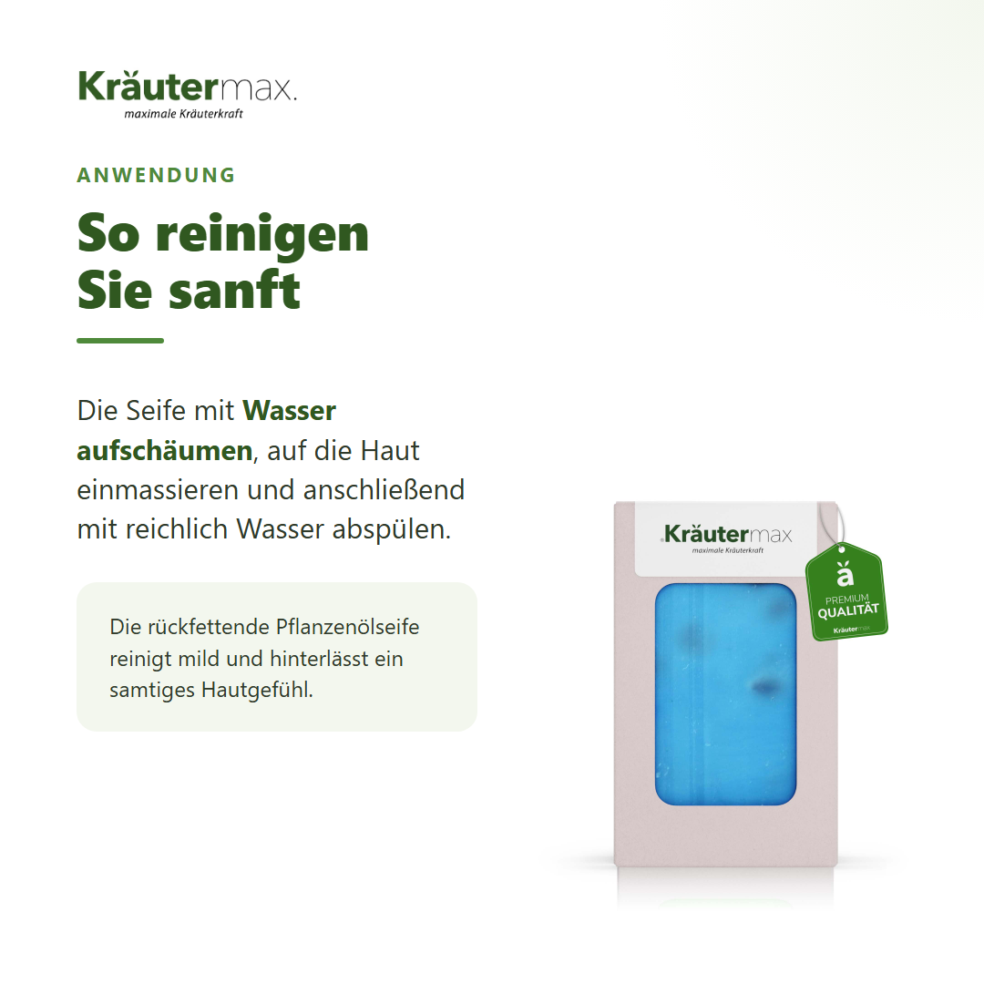 Lavendel Seife – Anwendung: mit Wasser aufschäumen, einmassieren und abspülen