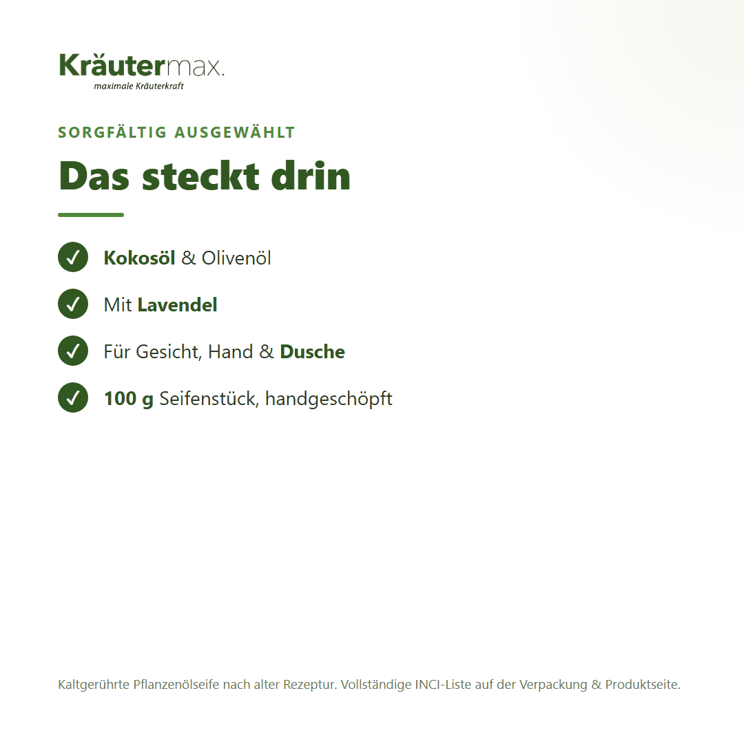 Lavendel Seife – Inhaltsstoffe: Kokosöl, Olivenöl, Lavendel, 100 g Seifenstück