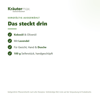 Lavendel Seife – Inhaltsstoffe: Kokosöl, Olivenöl, Lavendel, 100 g Seifenstück