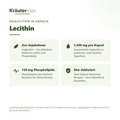 Lecithin Kapseln von Kräutermax – 1.200 mg Sojalecithin pro Kapsel, davon 720 mg Phospholipide