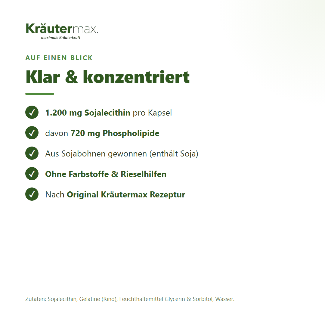Lecithin Kapseln – Zusammensetzung: Sojalecithin und Phospholipide, ohne Farbstoffe und Rieselhilfen