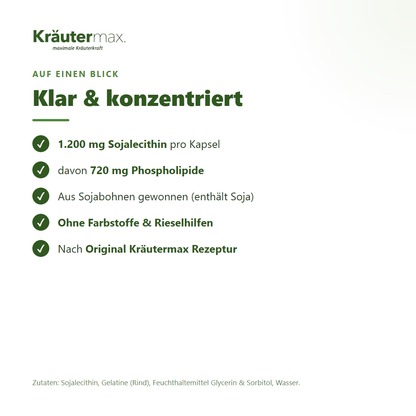 Lecithin Kapseln – Zusammensetzung: Sojalecithin und Phospholipide, ohne Farbstoffe und Rieselhilfen