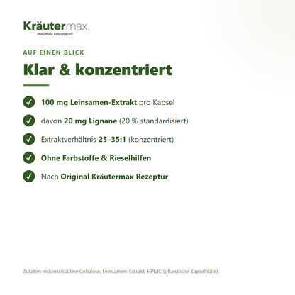 Leinsamen Kapseln – 100 mg Leinsamen-Extrakt pro Kapsel, davon 20 mg Lignane, Extrakt 25-35 zu 1