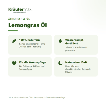Lemongras Öl von Kräutermax – Überblick: 100 % reines ätherisches Öl für die Aromapflege