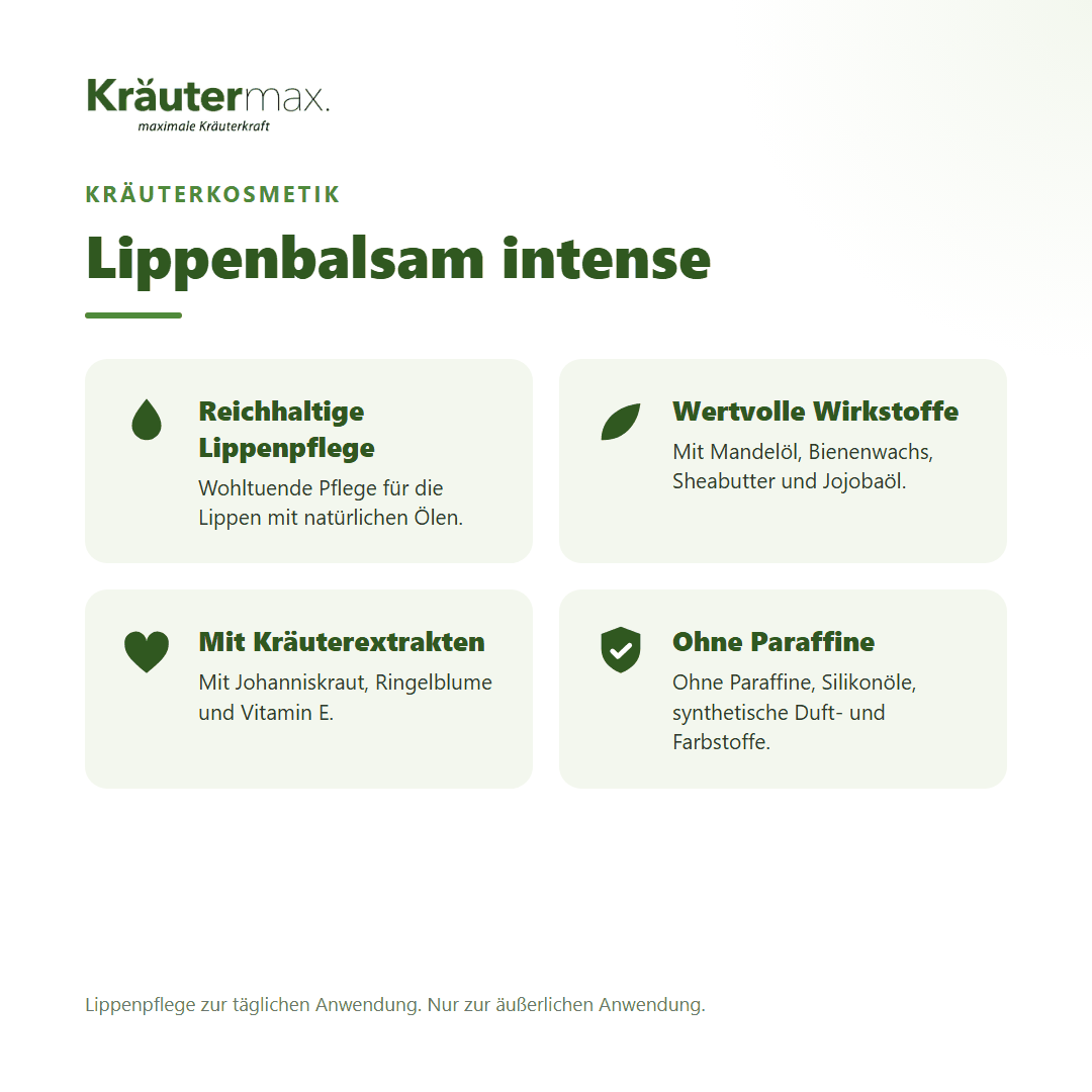 Lippenbalsam intense von Kräutermax – Überblick: reichhaltige Lippenpflege mit Mandelöl und Sheabutter, 15 ml