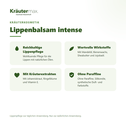 Lippenbalsam intense von Kräutermax – Überblick: reichhaltige Lippenpflege mit Mandelöl und Sheabutter, 15 ml