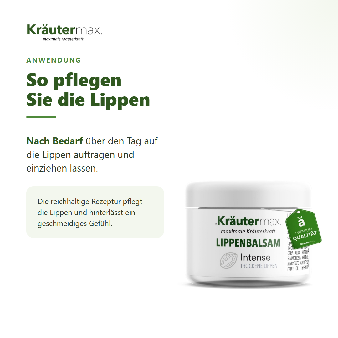 Lippenbalsam intense – Anwendung: nach Bedarf auf die Lippen auftragen
