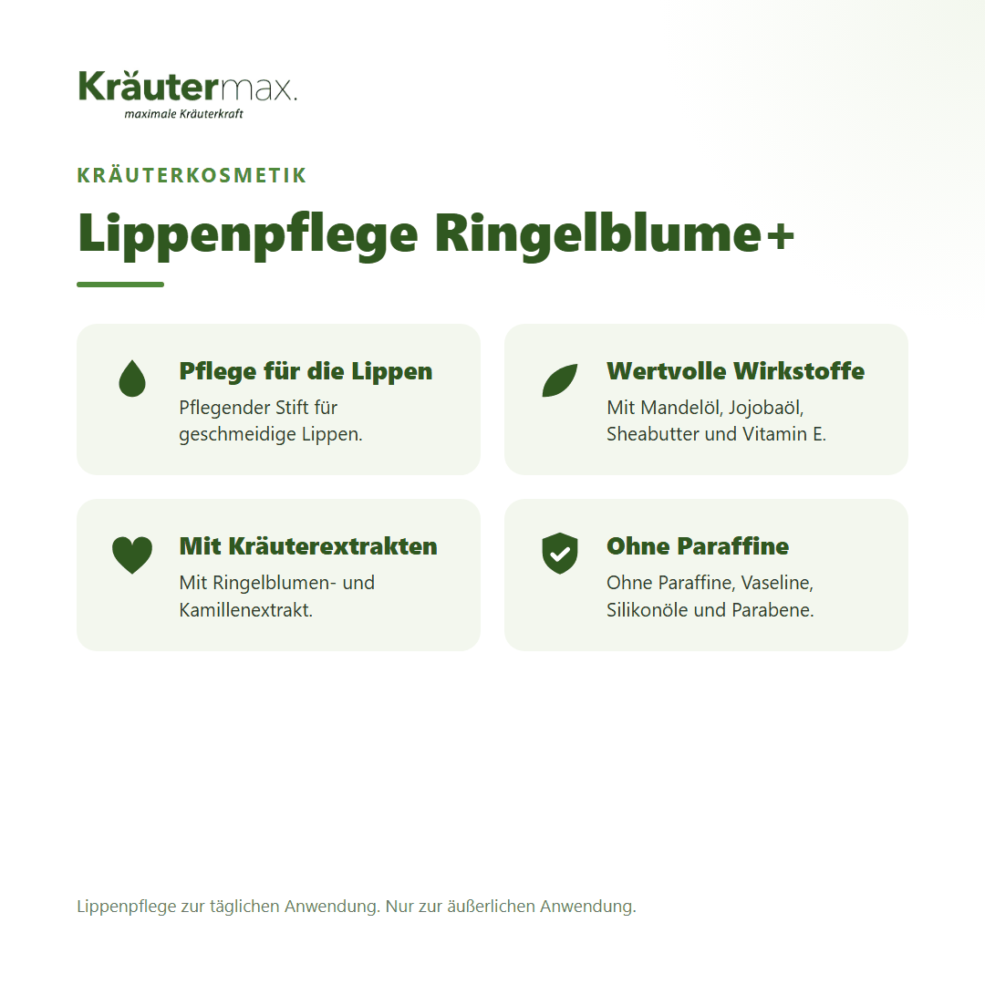 Lippenpflege Ringelblume+ von Kräutermax – Überblick: pflegender Lippenstift mit Mandelöl und Sheabutter, 8,5 ml