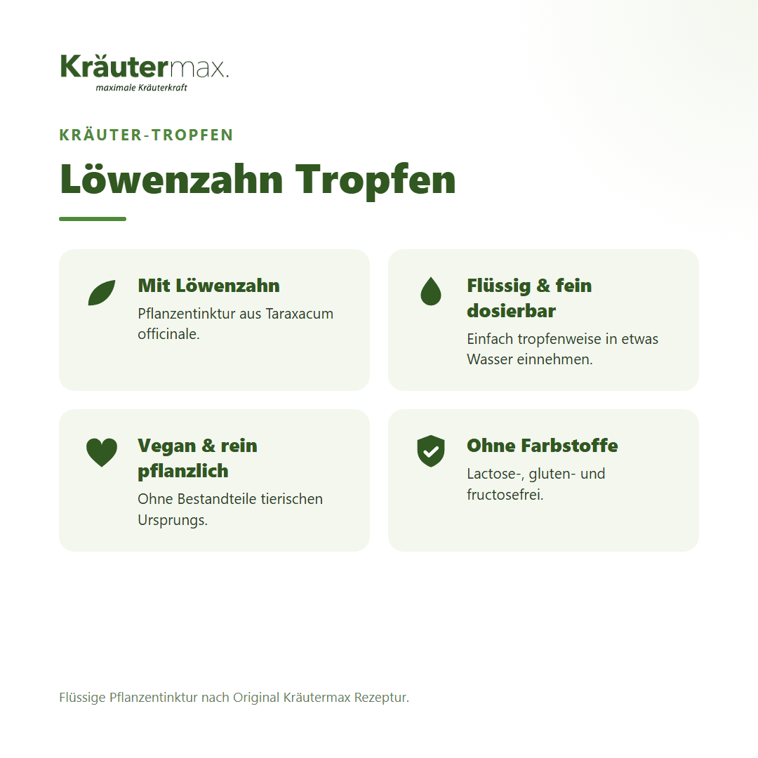 Löwenzahn Tropfen von Kräutermax – Überblick: flüssige Pflanzentinktur, vegan