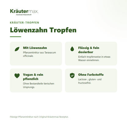 Löwenzahn Tropfen von Kräutermax – Überblick: flüssige Pflanzentinktur, vegan