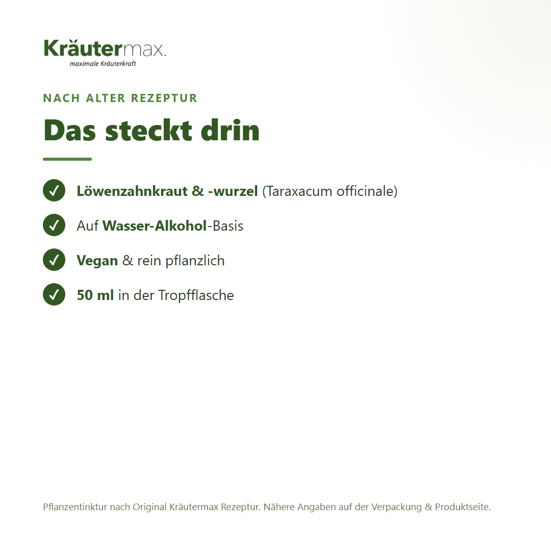 Löwenzahn Tropfen – Inhaltsstoffe: Löwenzahnkraut & -wurzel (Taraxacum officinale), 50 ml Tropfflasche