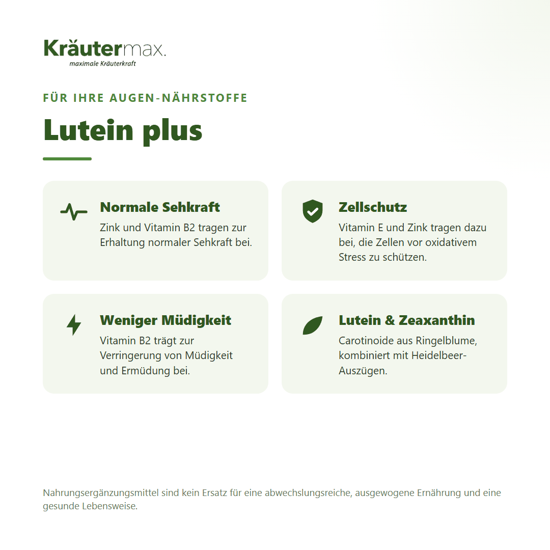 Lutein plus Kapseln von Kräutermax – Zink und Vitamin B2 für normale Sehkraft, mit Lutein und Zeaxanthin