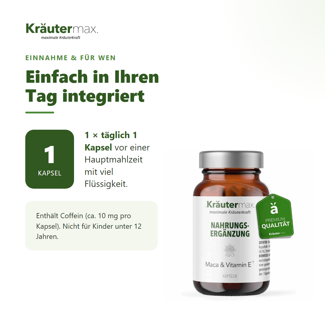 Maca Kapseln – Einnahme: 1 mal täglich 1 Kapsel vor einer Hauptmahlzeit
