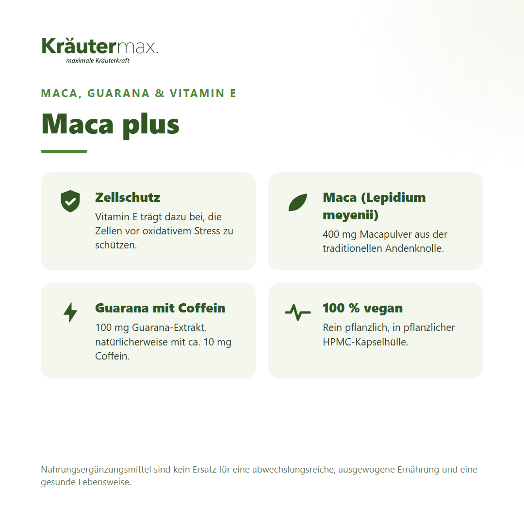 Maca Kapseln von Kräutermax – mit Macapulver, Guarana und Vitamin E für Zellschutz, vegan