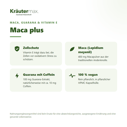 Maca Kapseln von Kräutermax – mit Macapulver, Guarana und Vitamin E für Zellschutz, vegan