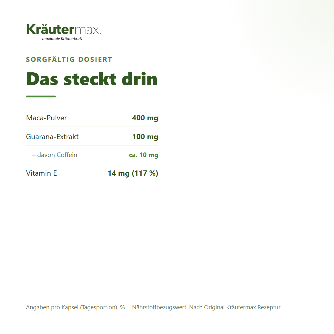 Maca Kapseln – pro Kapsel: 400 mg Maca-Pulver, 100 mg Guarana-Extrakt mit ca. 10 mg Coffein, Vitamin E