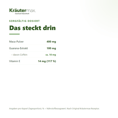 Maca Kapseln – pro Kapsel: 400 mg Maca-Pulver, 100 mg Guarana-Extrakt mit ca. 10 mg Coffein, Vitamin E