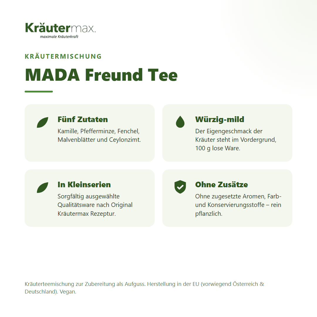MADA Freund Tee – Überblick: Kräutermischung mit Kamille, Pfefferminze, Fenchel, Malve und Ceylonzimt, 100 g