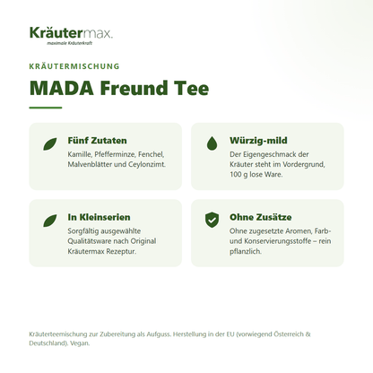 MADA Freund Tee – Überblick: Kräutermischung mit Kamille, Pfefferminze, Fenchel, Malve und Ceylonzimt, 100 g